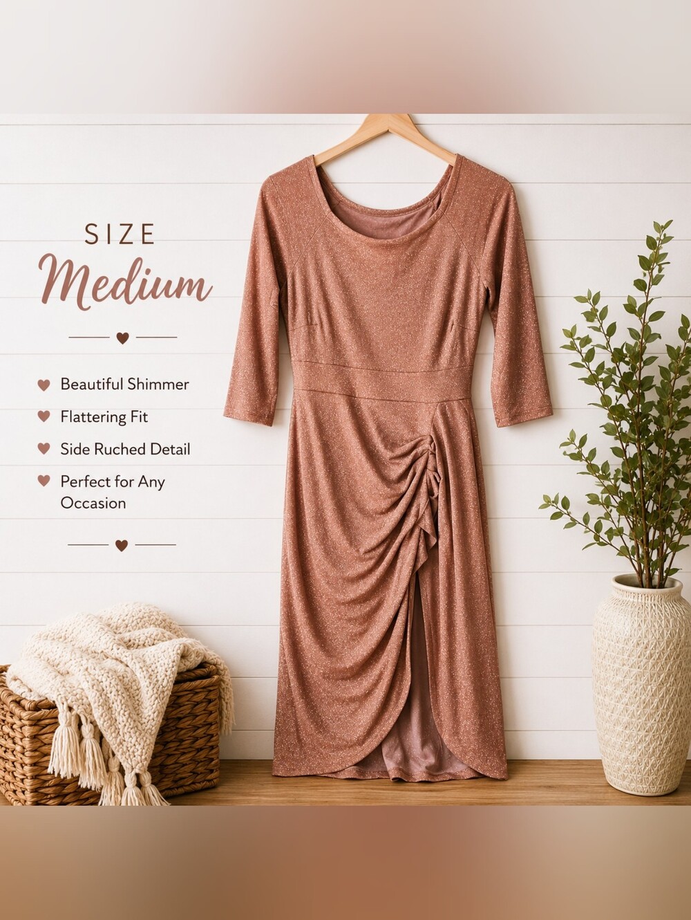 Glitter Ruched Midi Dress - Rose Gold